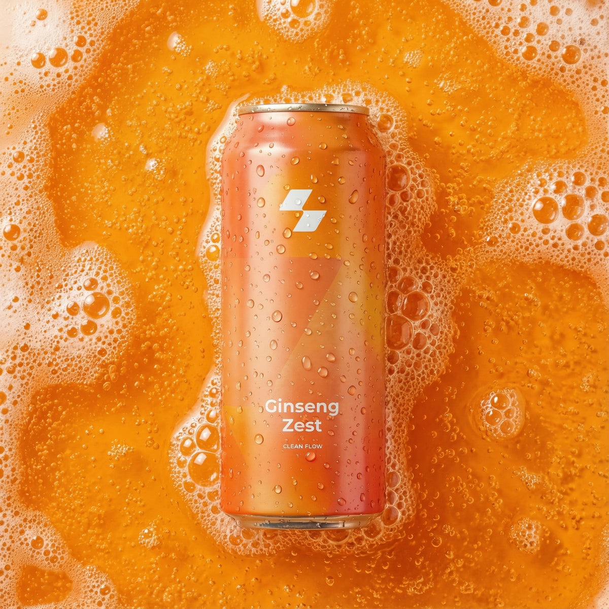 Can of 'Ginseng Zest' on a background of orange liquid with bubbles