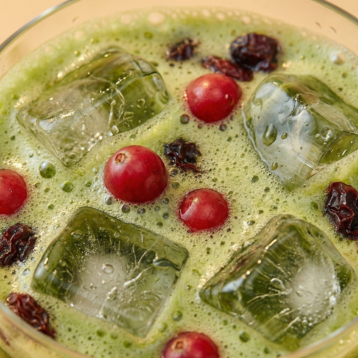 Green drink with ice cubes, cranberries, and raisins in a glass.