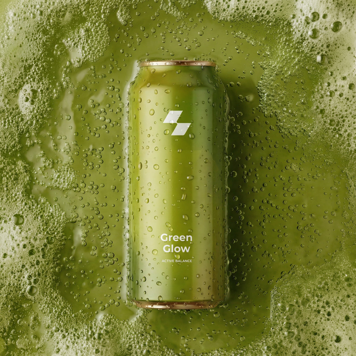 Green 'Green Glow' can on a green, bubbly background