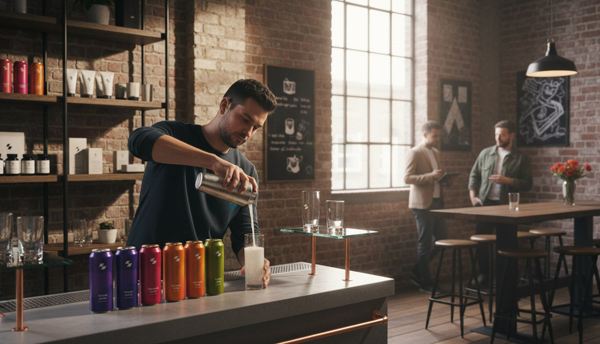 Person pouring a drink from a shaker into a glass with colorful bottles on a bar counter.
