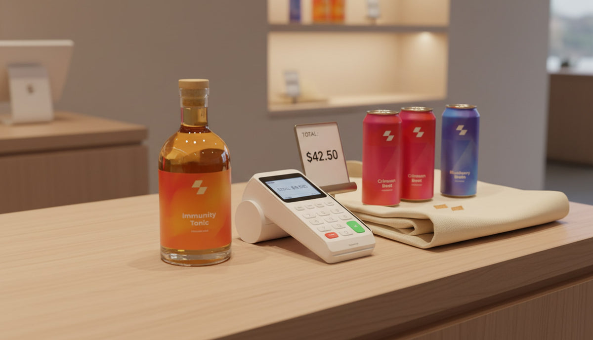 Bottle of whiskey, cans of soft drinks, and a payment terminal on a counter.