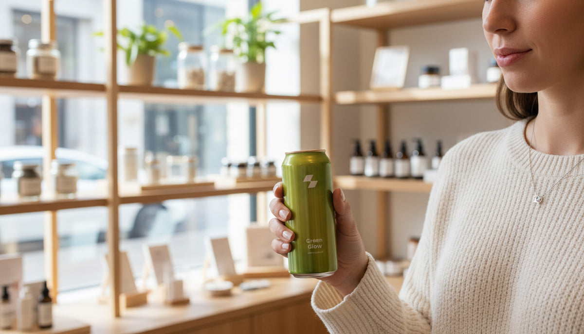 Woman holding a green can in a store setting with shelves and products in the background