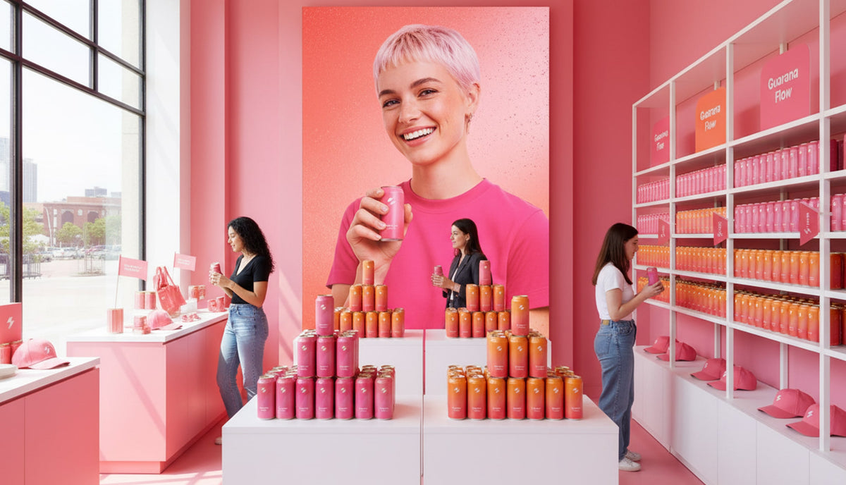 Pink-themed store interior with shelves and promotional poster of a woman holding a product.