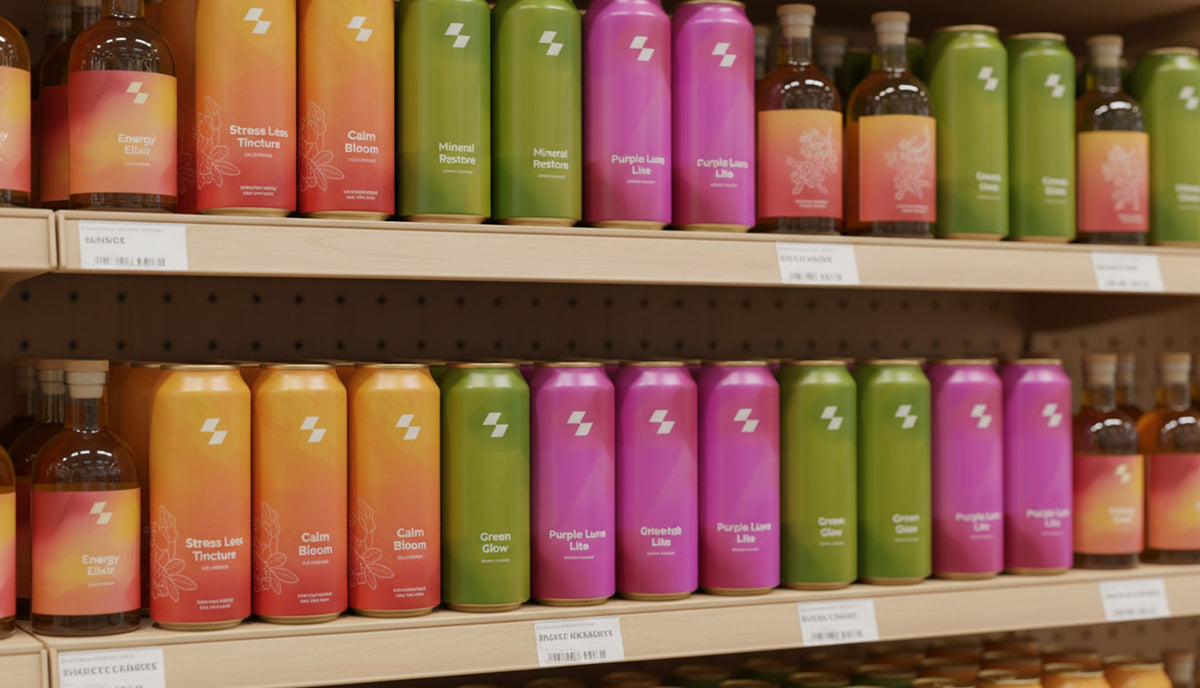 Shelf with colorful bottles and cans on a store shelf