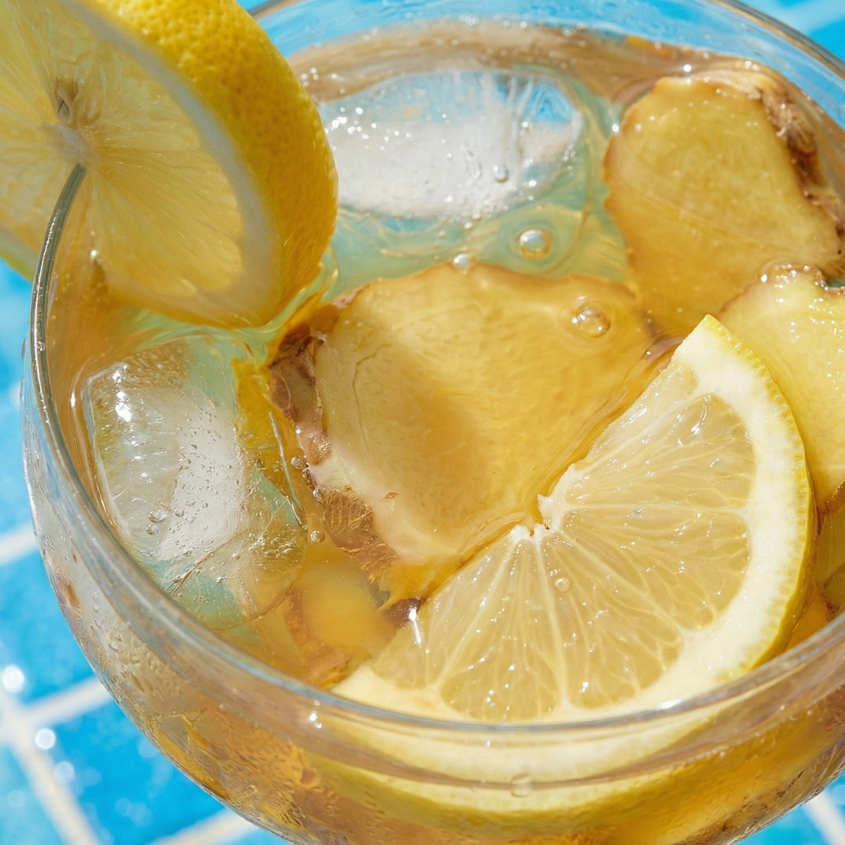 Glass of lemon and ginger iced tea with a blue background