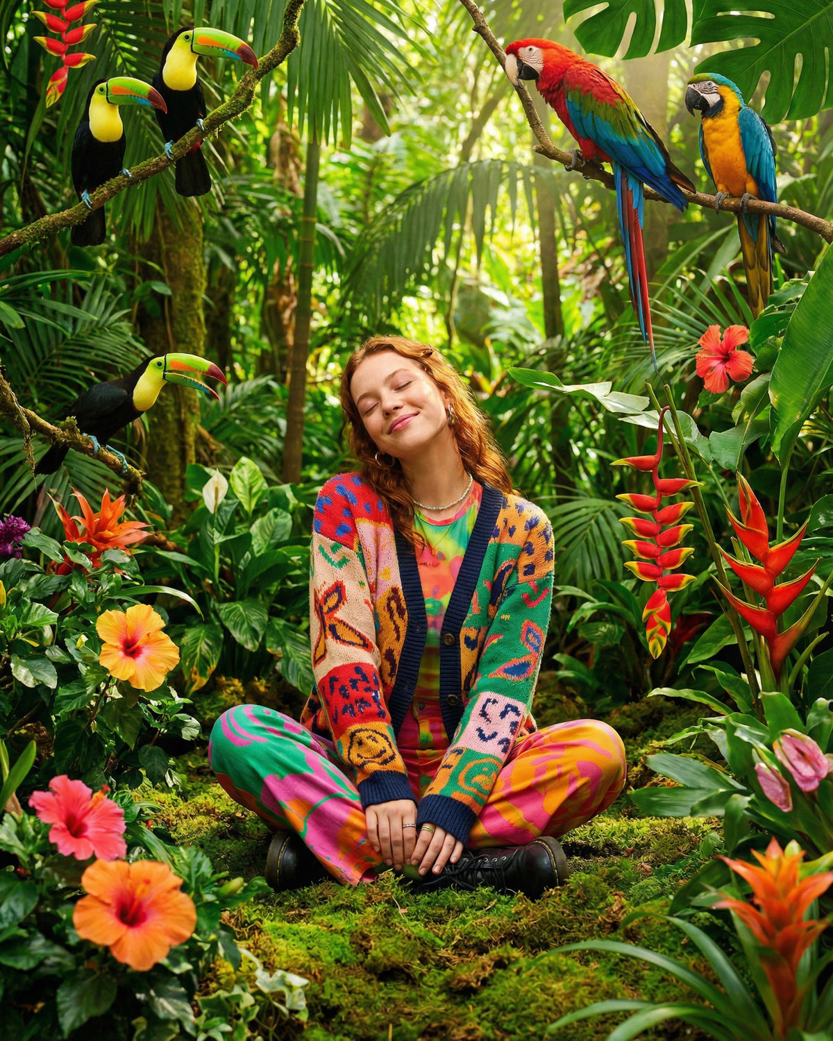 Person sitting amidst tropical plants and colorful birds in a lush forest setting
