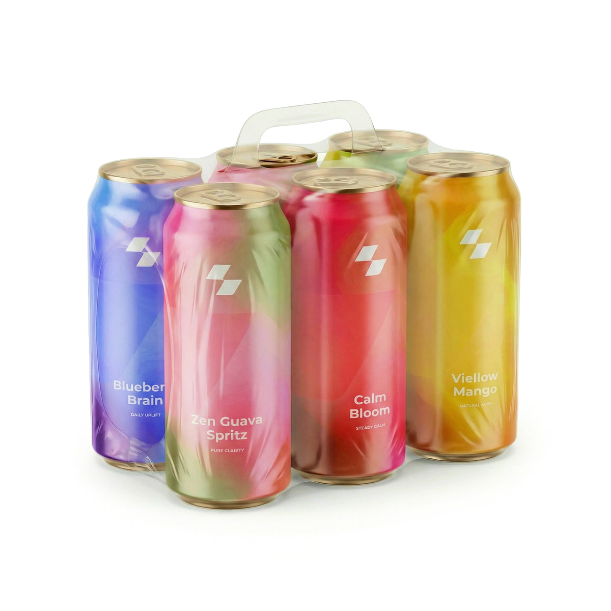 Set of colorful cans with different flavors on a white background (6-Pack)