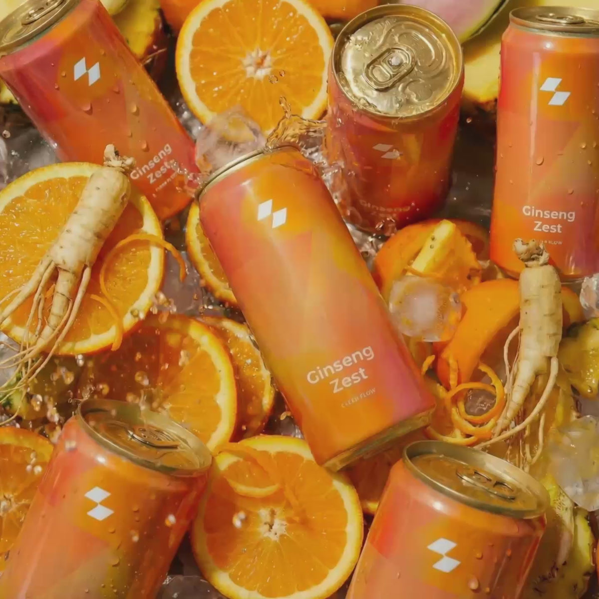 Ginseng Zest sparkling drink cans with oranges and ginseng roots