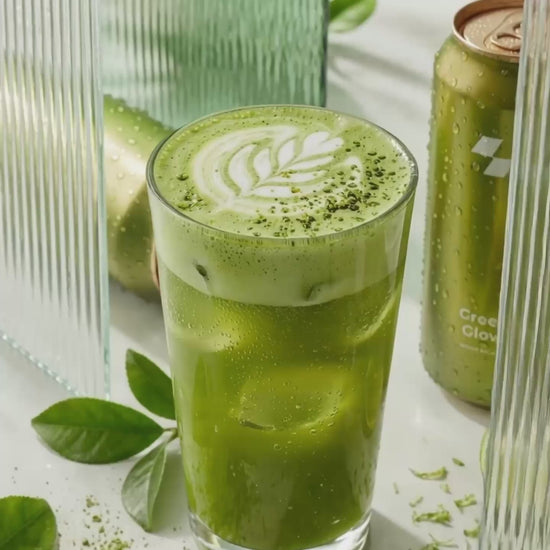 Green tea sparkling drink with matcha foam and beverage can