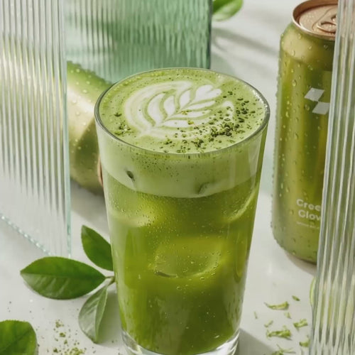 Green tea sparkling drink with matcha foam and beverage can