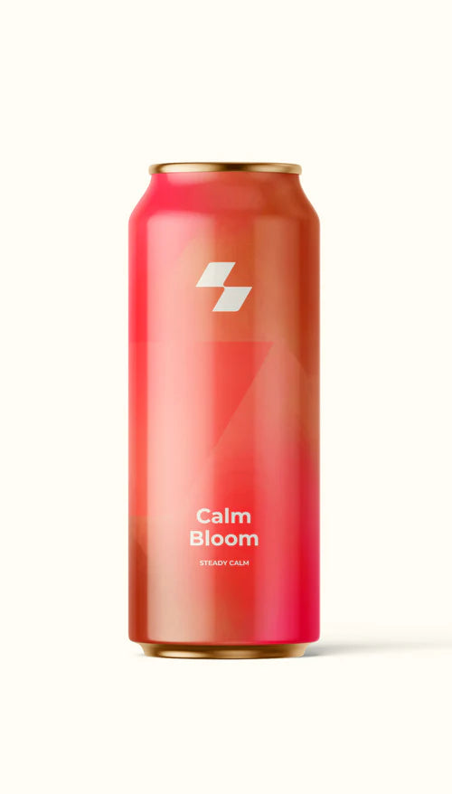 Calm Bloom sparkling drink can with bubbling berry background