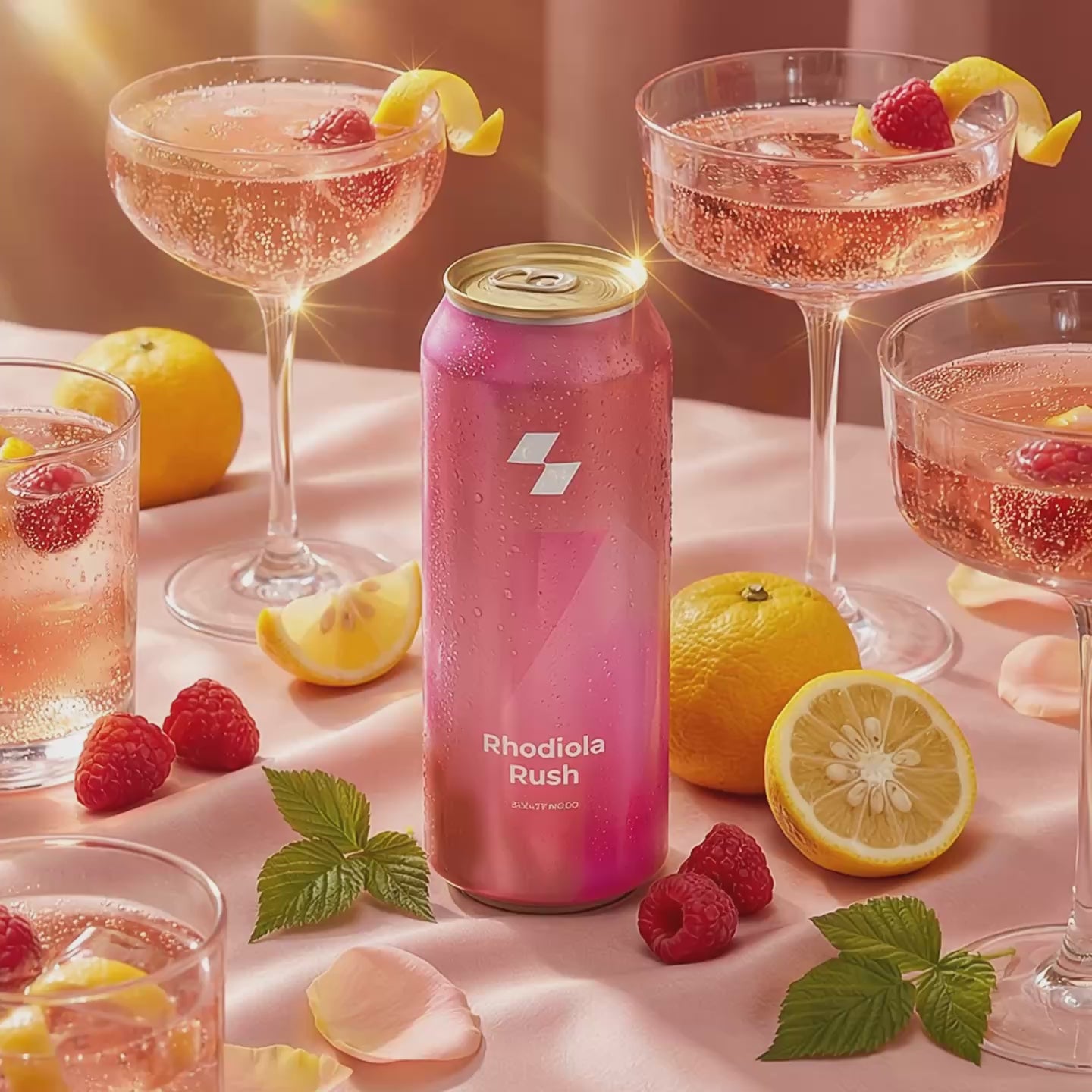 Rhodiola Rush sparkling drink can with citrus and raspberry cocktails