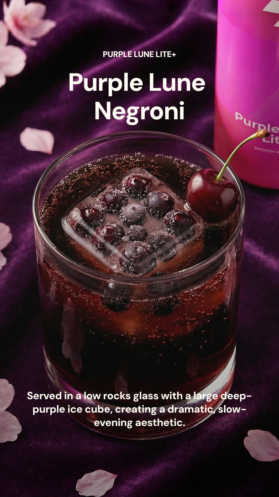 Glass of Purple Lune Negroni with ice cube and cherry on a purple background