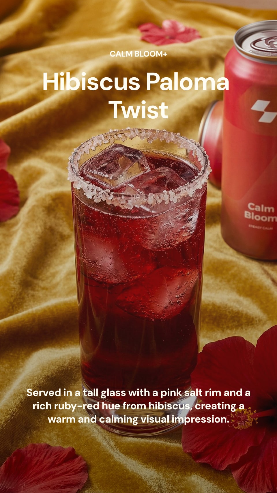Hibiscus Paloma Twist cocktail with a pink salt rim and red hibiscus flowers on a yellow fabric background.