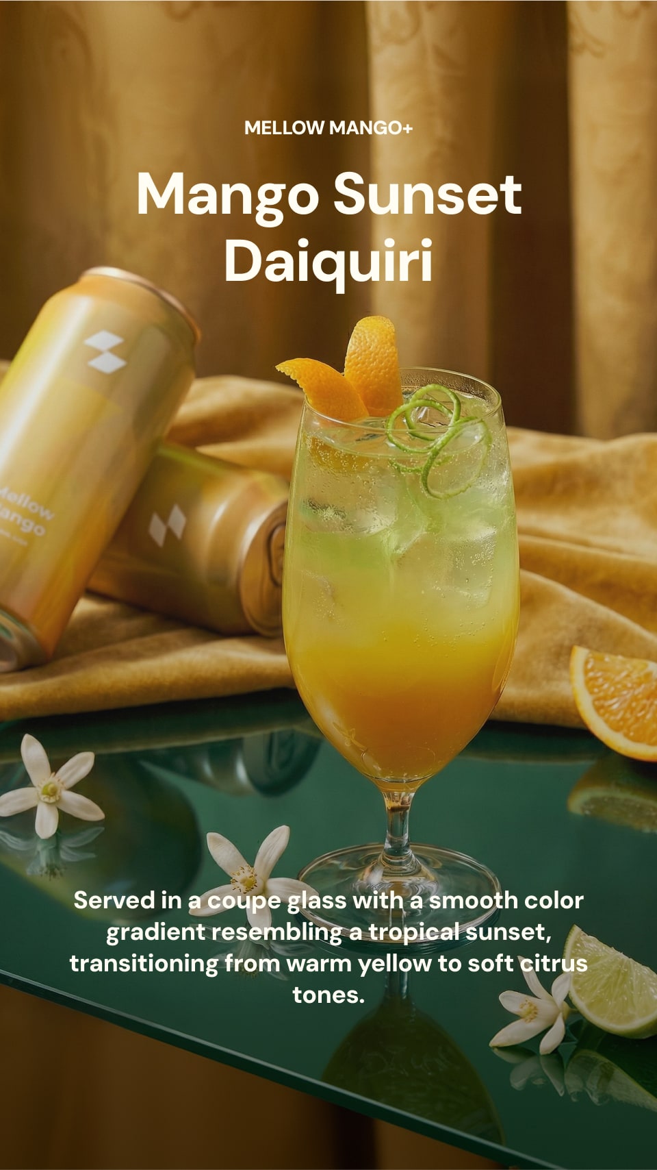 Mango Sunset Daiquiri with a can of Mellow Mango on a reflective surface.