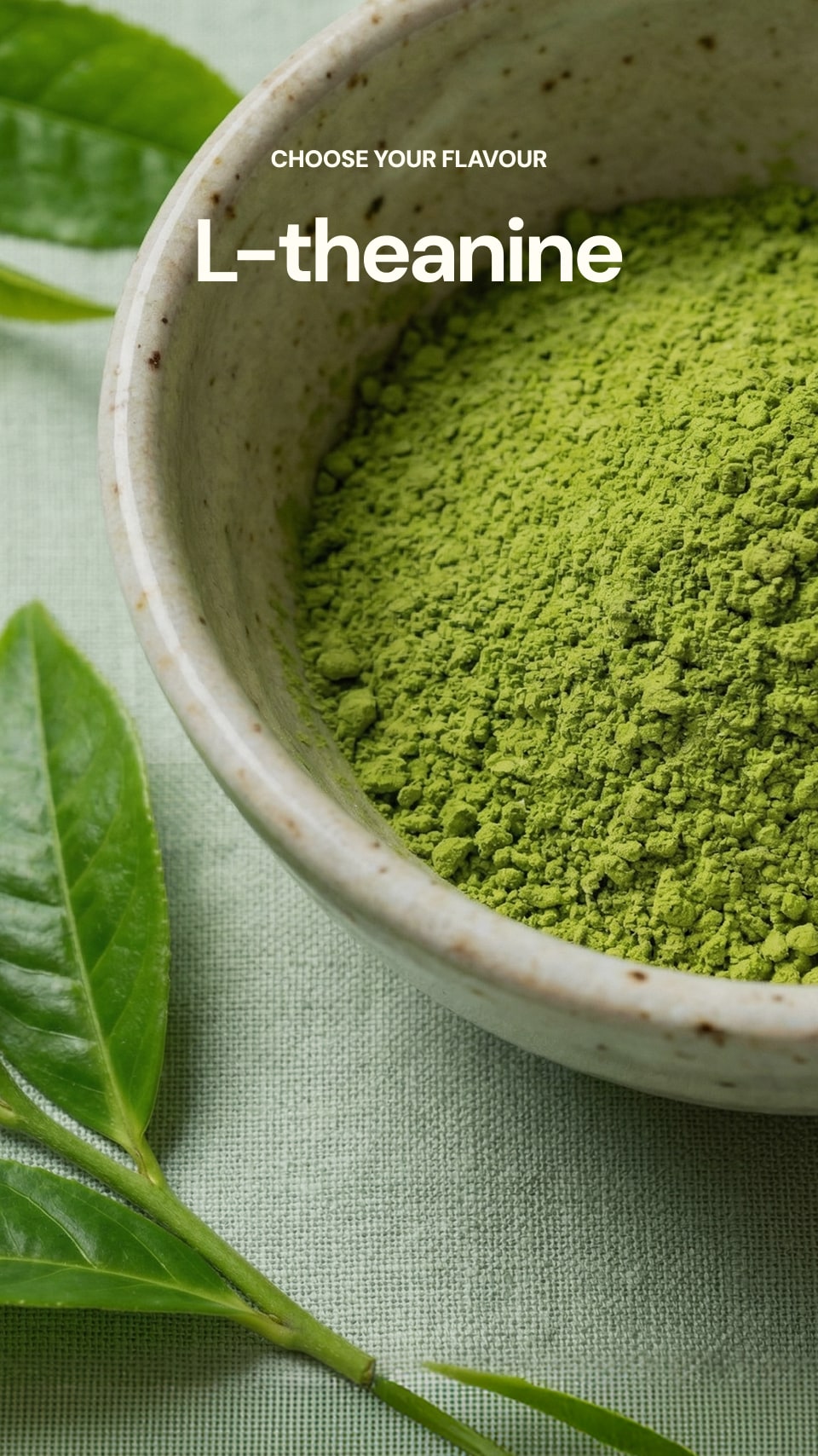Bowl of green L-theanine powder with tea leaves on a light green background