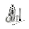 Set of cocktail-making tools including a shaker, jigger, strainer, and spoon on a white background (Silver)