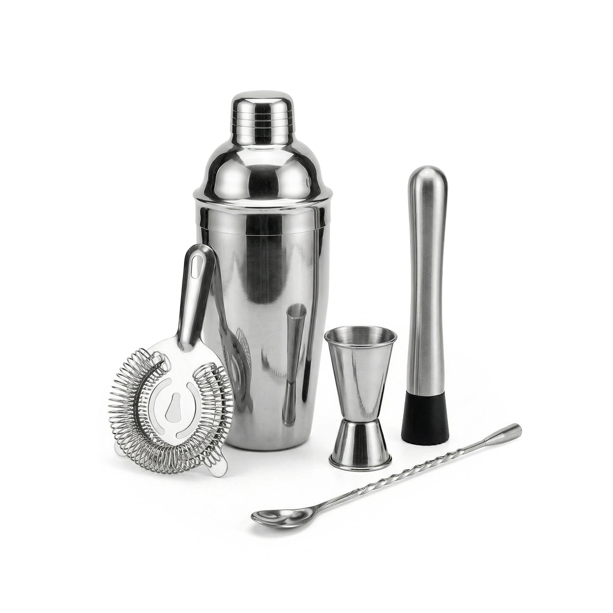 Set of cocktail-making tools including a shaker, jigger, strainer, and spoon on a white background (Silver)