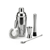 Set of cocktail-making tools including a shaker, jigger, strainer, and spoon on a white background (Silver)