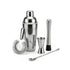 Set of cocktail-making tools including a shaker, jigger, strainer, and spoon on a white background (Silver)