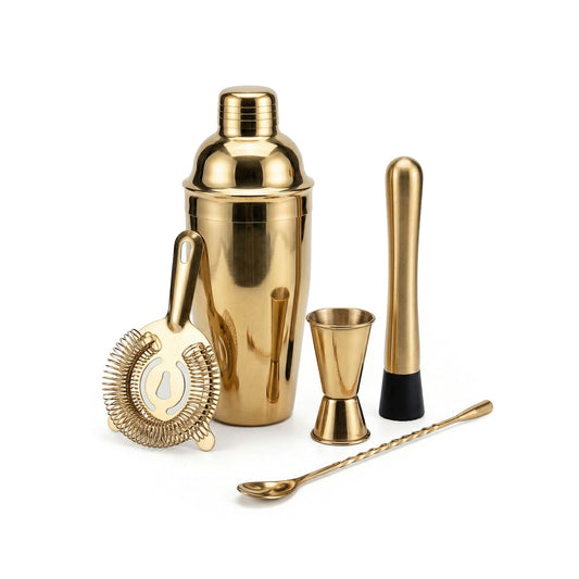 Set of gold cocktail tools including a shaker, jigger, strainer, and spoon on a white background (Gold)