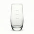 Clear glass tumbler with measurement markings on a white background