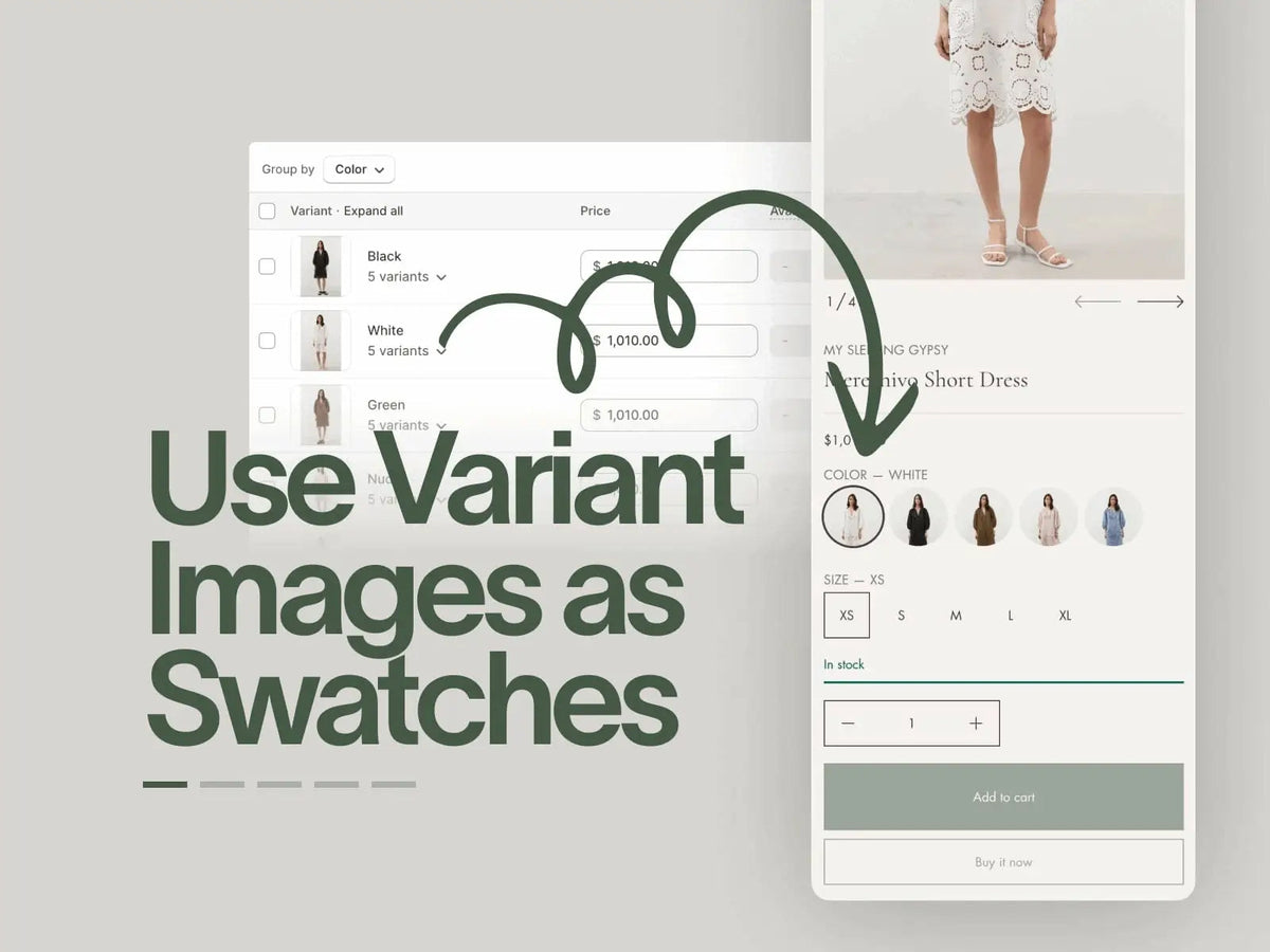 Product variant selection interface with text 'Use Variant Images as Swatches' on a light gray background.