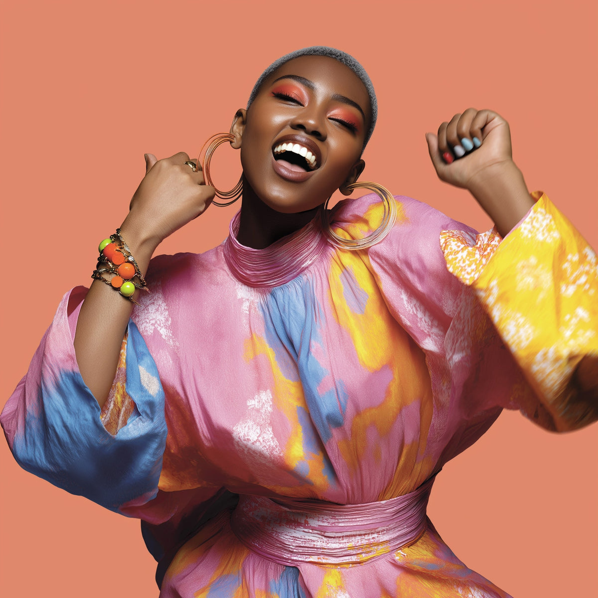 Woman in a colorful outfit with large hoop earrings against a peach background