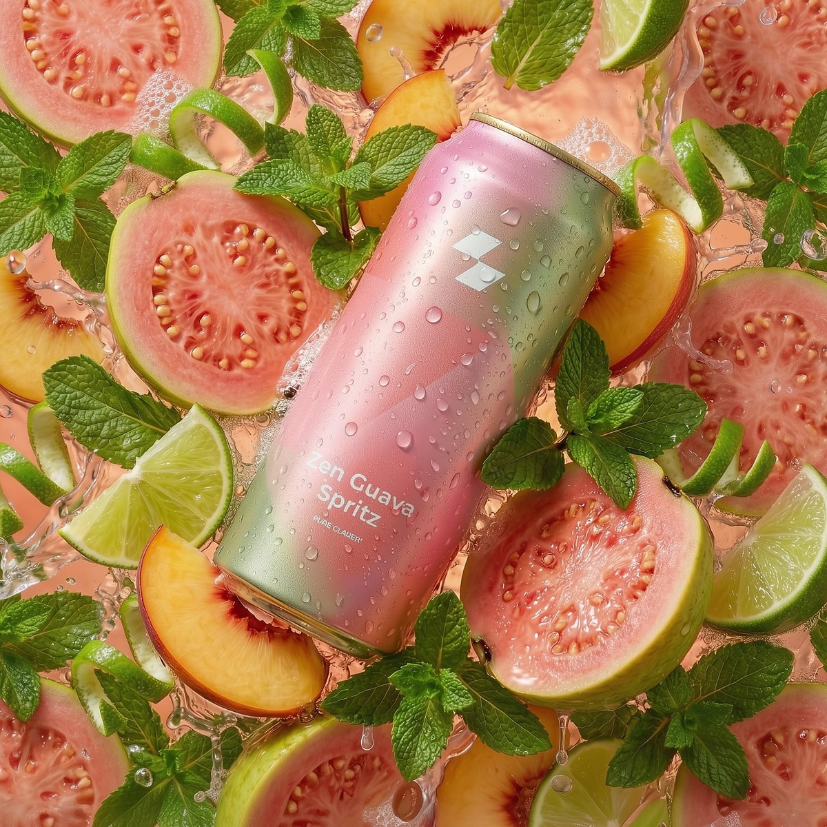Zen Guava Spritz drink can with guava, lime, peach, and mint leaves