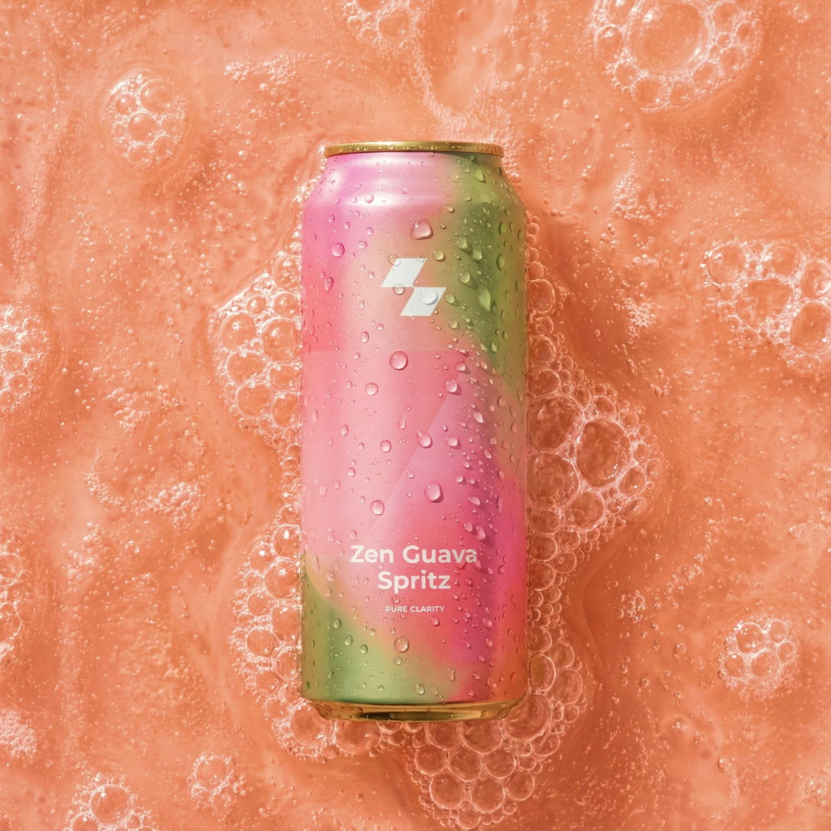 Can of Zen Guava Spritz on a bubbly pink background
